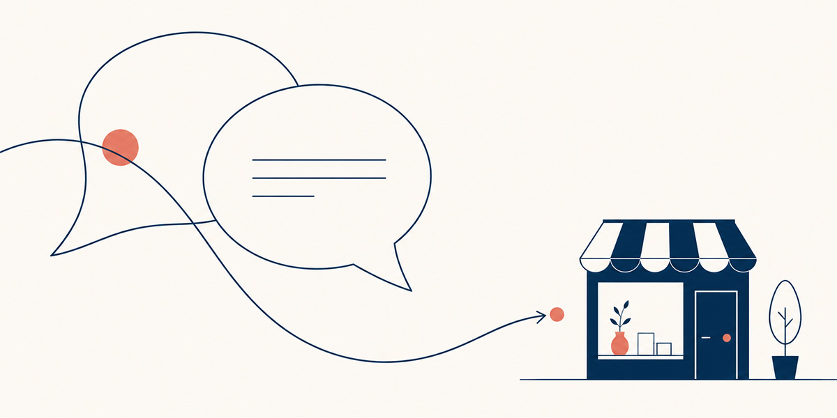 Two stylized speech bubbles connected by a flowing line that points toward a small storefront with a striped awning, illustrating how AI conversations surface small businesses.